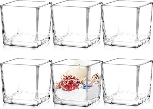 Comrzor Set of 6 Square Glass Vases 3" x3" x 3", Clear Flower Vases for Centerpieces, Candle Holder for Wedding Party Even...