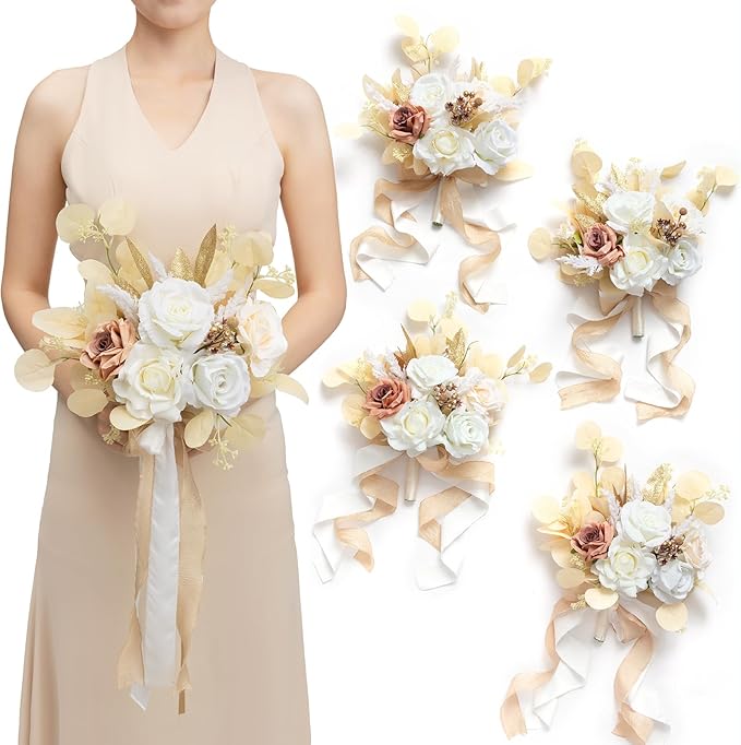 Ling's moment Artificial Bridesmaid Bouquets Set of 4,Boho Wedding Flower Bouquets White Beige Floral Bouquet Ivory Brides...
