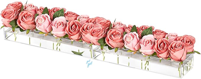 2 Pieces Acrylic Flower Vase Rectangular - Clear Floral Centerpiece for Dining Table Each 14 Inches, Connect to Form 28 In...
