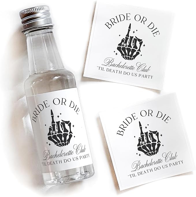 Label with Love Til Death Do Us Party - Set of 16-50 mL Bachelorette Liquor Labels - Skeleton Bach Party Favors, Bride or ...