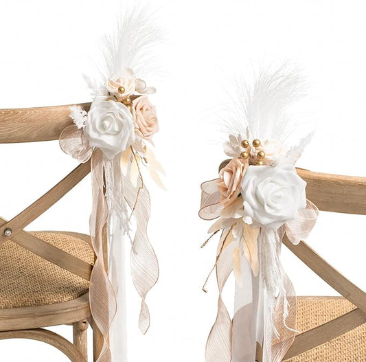 Ling's moment 8pcs Wedding Artificial Aisle Pew Flowers Chair Decorations Arrangements with Chiffon Ribbons Boho White Bei...