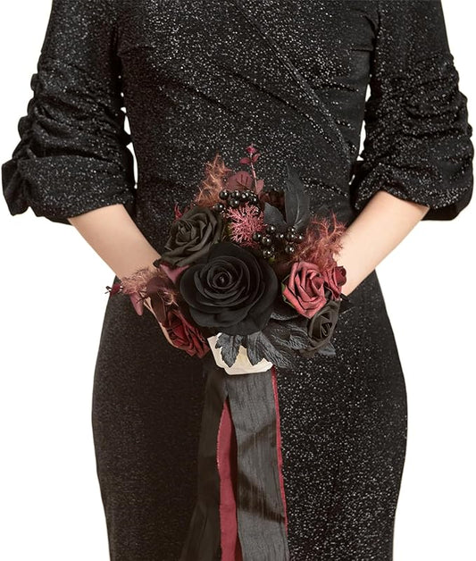 Ling's moment Black Artificial Wedding Flower Bouquets for Bridesmaids Burgundy Floral Bouquet Mashala Bridesmaid Bouquets...