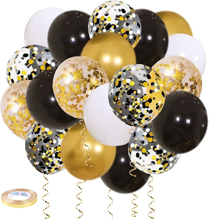 Zesliwy Black Gold Confetti Balloons 50 pack - 12 Inch Gold White and Black Confetti Balloons with Ribbons for Graduation ...