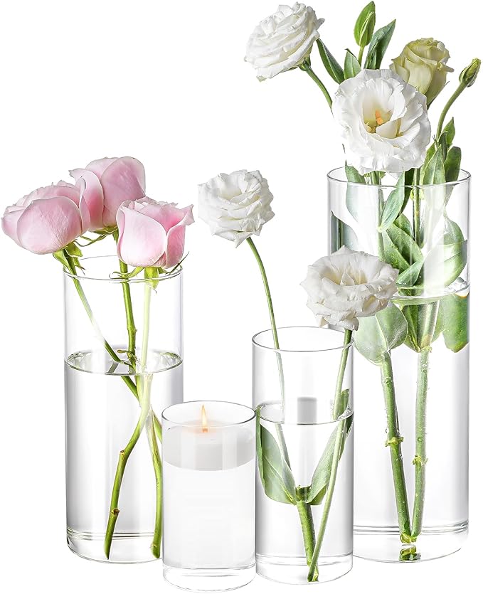 4 Pack Glass Cylinder Vases 4,6,8,10 Inch Tall Clear Flower Vase Hurricane Floating Candle Holder for Table Centerpiece We...