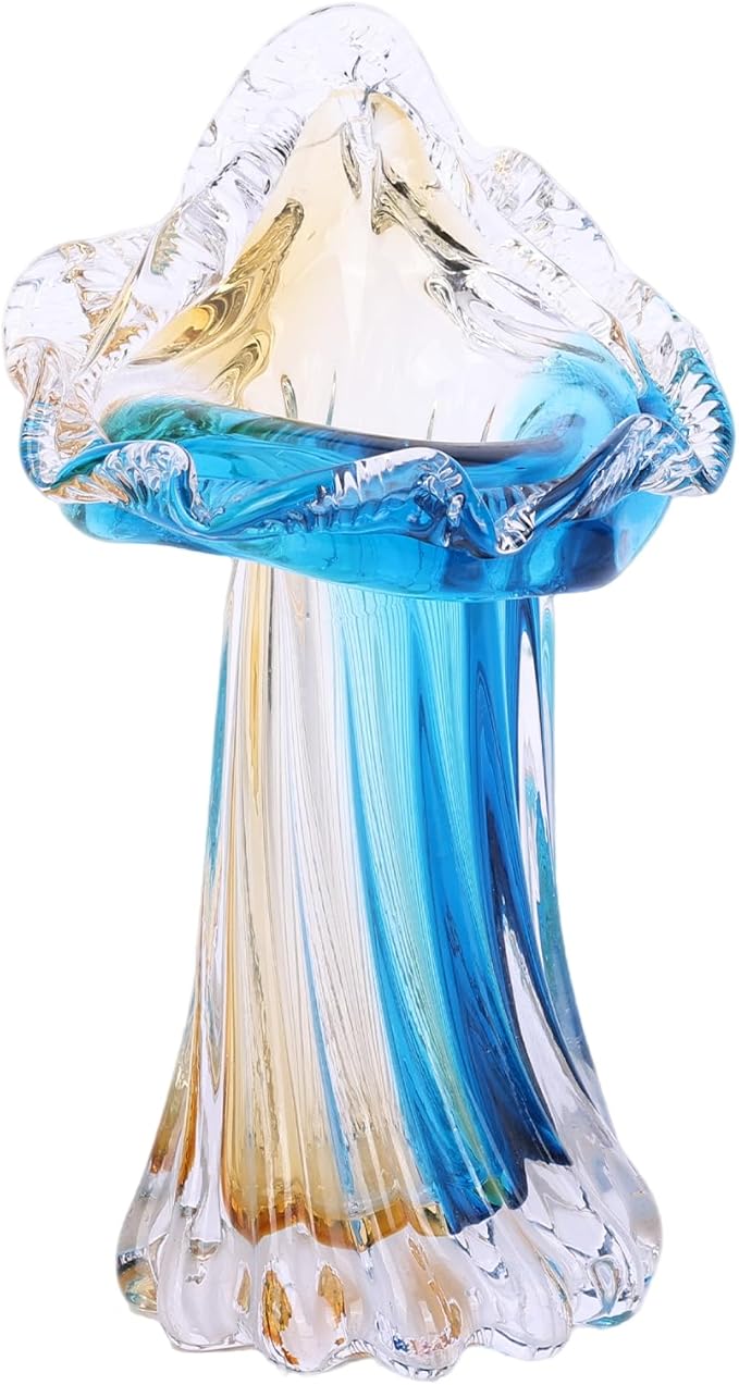 Unique Blue & Gold Hand Blown Art Glass Vase - Blue & Gold Sculptural Flower Vase for Centerpieces, Home Decor & Living Ro...
