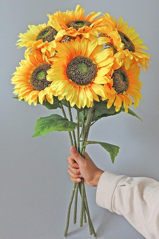 Sunflowers Artificial Flowers 6PCS Long Stem Large Fake Sunflower Kitchen Decor Realistic Silk Yellow Faux Flower For Birt...