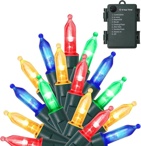 WATERGLIDE 50 LED Outdoor Christmas Lights, 16 FT Battery Operated Mini String Lights with 8 Modes & Timer, Xmas Tree Ligh...
