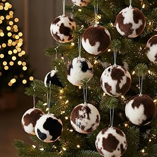 AISENO 12PC Cow Faux Fur Christmas Balls Ornament Hanging Balls Decorations with Hooks for Tree, Wreath, Garland Decor - H...