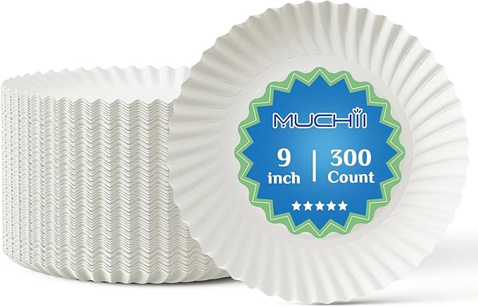 MUCHII 300 Count 9 Inch Paper Plates, Disposable Dinner Plates Bulk, White Plate Uncoated for Parties, Catering, Picnics, ...