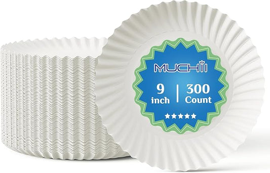 MUCHII 300 Count 9 Inch Paper Plates, Disposable Dinner Plates Bulk, White Plate Uncoated for Parties, Catering, Picnics, ...