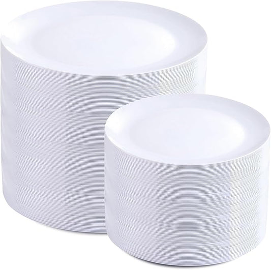 PULOTE 200 Pieces White Plastic Plates Disposable - Include 100PCS 10 inch Dinner & 100PCS 7 inch Dessert Plates, Ideal fo...