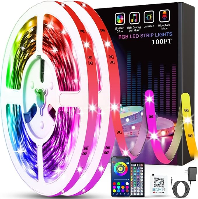 Tenmiro Led Lights for Bedroom 100ft (2 Rolls of 50ft) Music Sync Color Changing Strip Lights with Remote and App Control ...