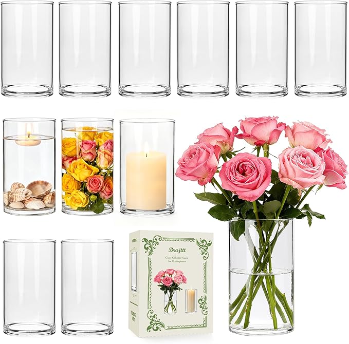 Clear Glass Cylinder Vases for Centerpieces,12pcs 6 inch Glass Candle Cylinders Bulk,Thick Bud Flower Vase & Floating Cand...