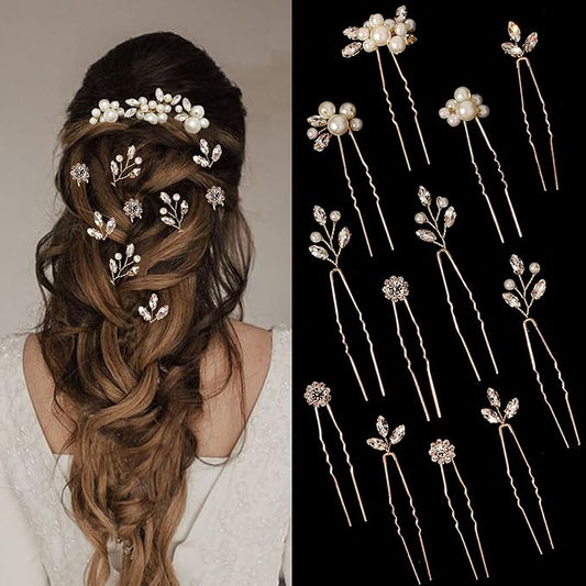 12 Pieces Gold Hair Pins Bridal Headpiece Pearl Wedding Hair Styling Pins Hairpieces Accessories for Brides Bridesmaids
