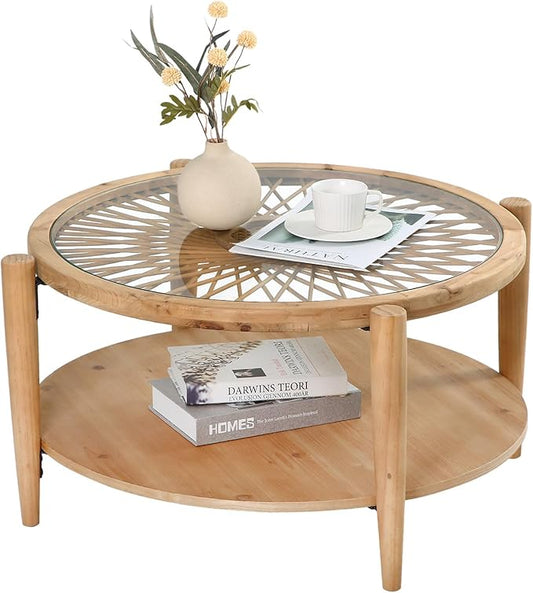 RUSTOWN Rattan Coffee Tables,2-Tier Round Boho Cocktail Tables, Mid Century Modern Coffee Table with Rattan & Tempered Gla...