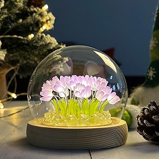 (20 Flower) Assembled Tulip Lamp Night Light with Glass Dome, Cool Handmade Artificial Flower Table Lamp Bedroom Desk Deco...