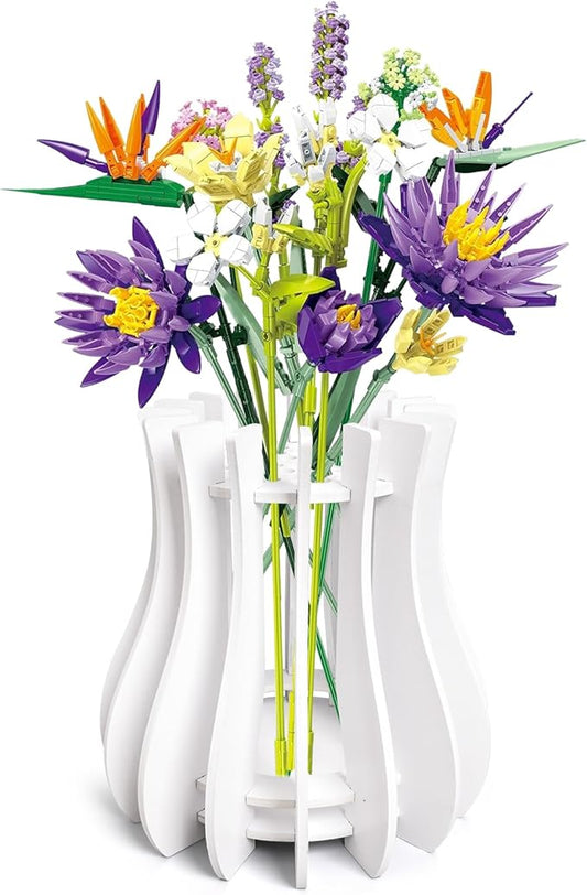 Wooden Vase Kit for Lego Roses Cherry Blossom Sunflower Tulips Daffodils Lotus Cute Flower Vase for Lego Bouquet Arrangeme...