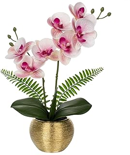 Briful Fake Orchid Fake Plant 13''Pink Orchids Artificial Flowers with Gold Ceramic Vase Faux Orchid for Home Office Gold ...