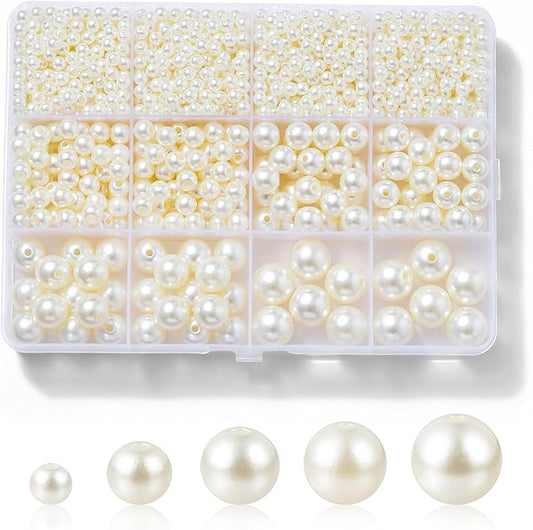 Hudinsun 1200 Pcs Pearl Beads for Jewelry Making, 5 Size Round Pearls for Bracelets Making Kit Small Pearl Filler Beads wi...
