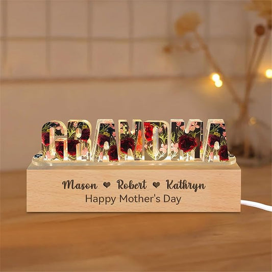 Smallduuck Personalized Grandma Resin Flower Lamp Custom Resin Letter Lights with 1-15 Name Epoxy Resin Night Light Dry Fl...