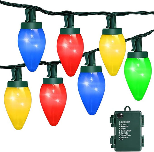 HGJ C7 60 LED Battery Operated Christmas Lights,Battery Powered Multicolor Waterproof Bulbs,21.3 FT 8 Modes with Auto On/O...