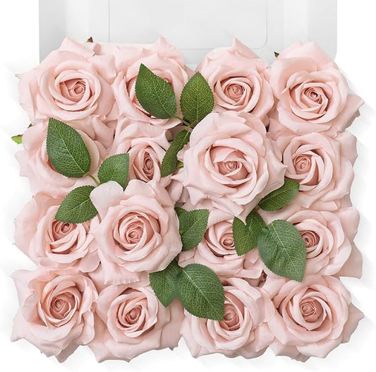 TINGE TIME 16PCS Artificial Flowers Rose Box, Rouge Pink Silk Flowers Bulk w/Stem, Fake Rose Real Touch Silk Flowers for D...