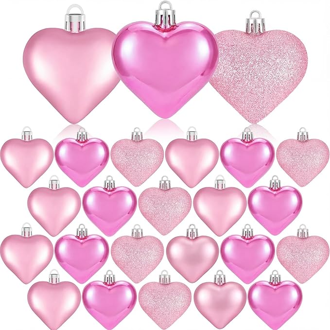 XmasExp Valentines Day Decor Heart Ornaments for Christmas Tree Decorations Set of 24 Pink Heart Shaped Bauble Perfect for...