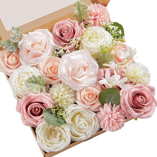 Serwalin Artificial Flowers Fake Silk Flowers for DIY Wedding Bouquets Cake Decoration Mixed Roses Combo Blush Pink and Wh...