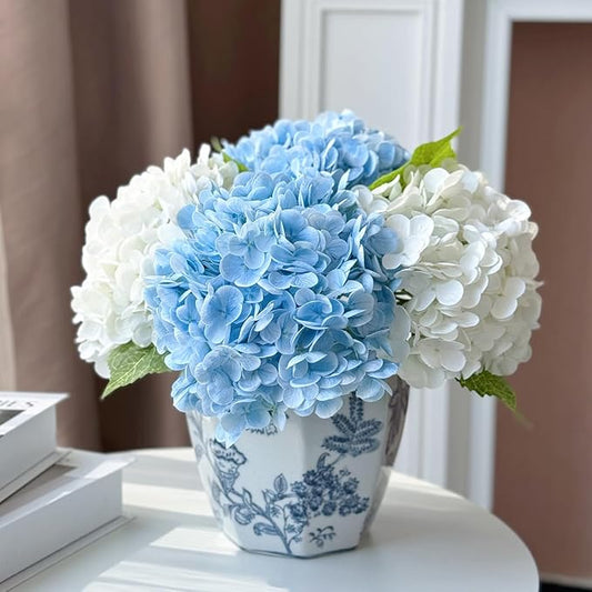 YalzoneMet Hydrangea Artificial Flowers 4 Pcs 2 White 2 Light Blue 21 inch Long Rod Real Touch Lifelike Fake Latex Hydrang...