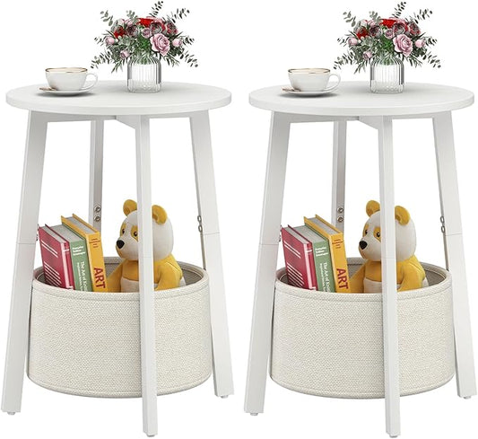 sthmec Small Round Side End Table Set of 2 with Cloth Storage Basket, Round Bedside Sofa Couch Coffee Tables for Small Pla...