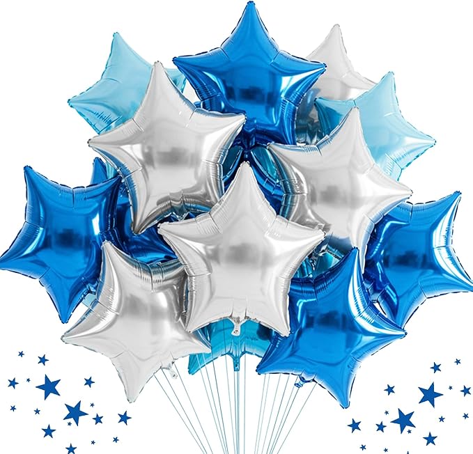 TONIFUL 30Pcs 18 Inch Large Blue Silver Star Shape Foil Balloons Big Stars Helium Mylar Ballons for Birthday Wedding Baby ...