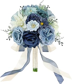 SEMONONIA Wedding Bouquets for Bride Bridesmaid 8.5 Inch Dusty Blue Artificial Roses Flowers Bridal Bouquets for Bride Wed...