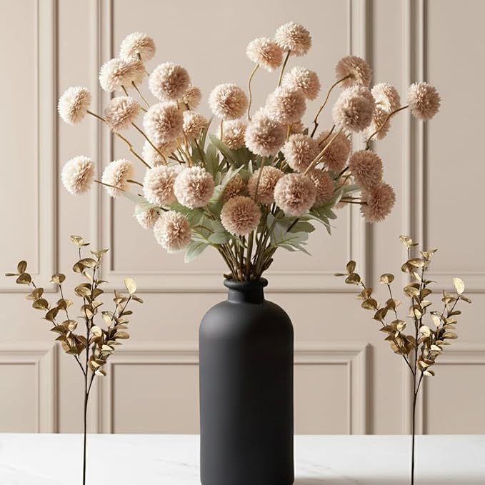 Artificial Flowers for Vase - Beige Silk Mums 10 Long Stems with Eucalyptus, Faux Flowers Home Decor, Neutral Tan Cream Fl...