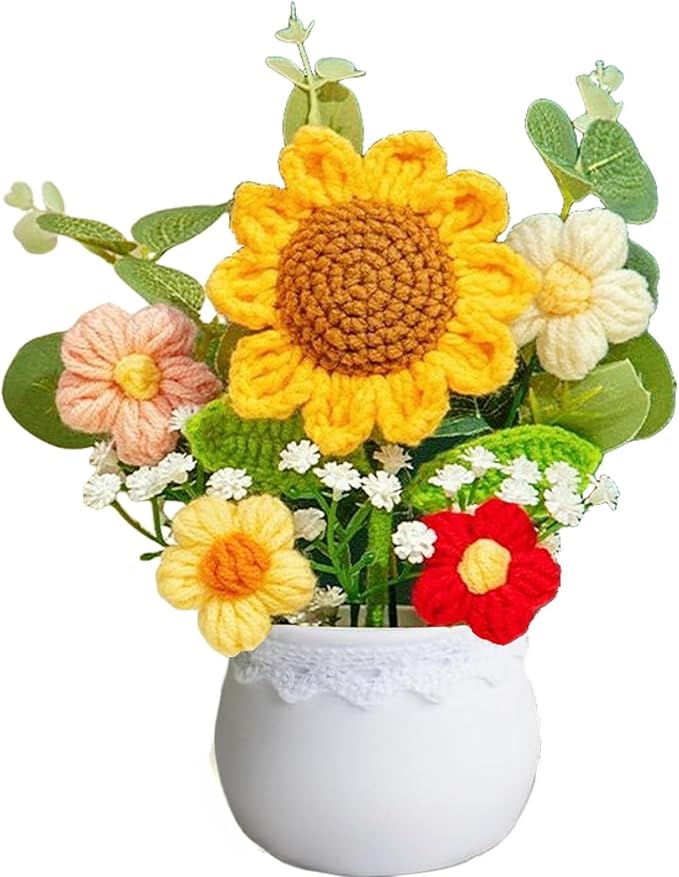 Crochet Flowers Artificial Sunflower Baby's Breath Knitted Eternal Potted Plants,Handmade Crocheted Puff Flowers Potted,Ha...