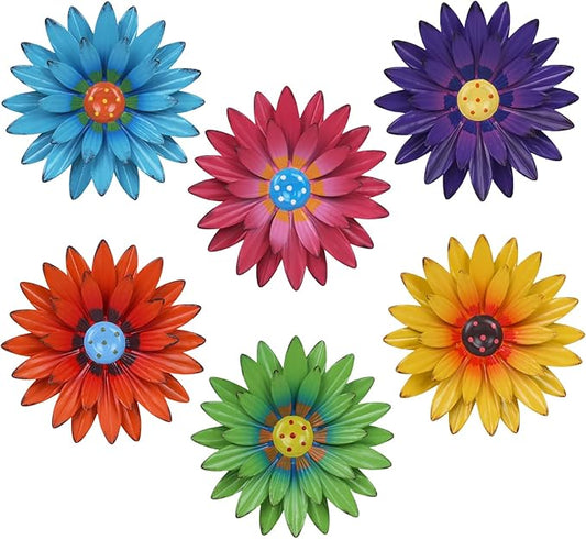 hogardeck Metal Flower Wall Decor - 6 PCS 8" Multicolor Flower Decor for Indoor Outdoor, Sunflower Kitchen Decor Floral Me...