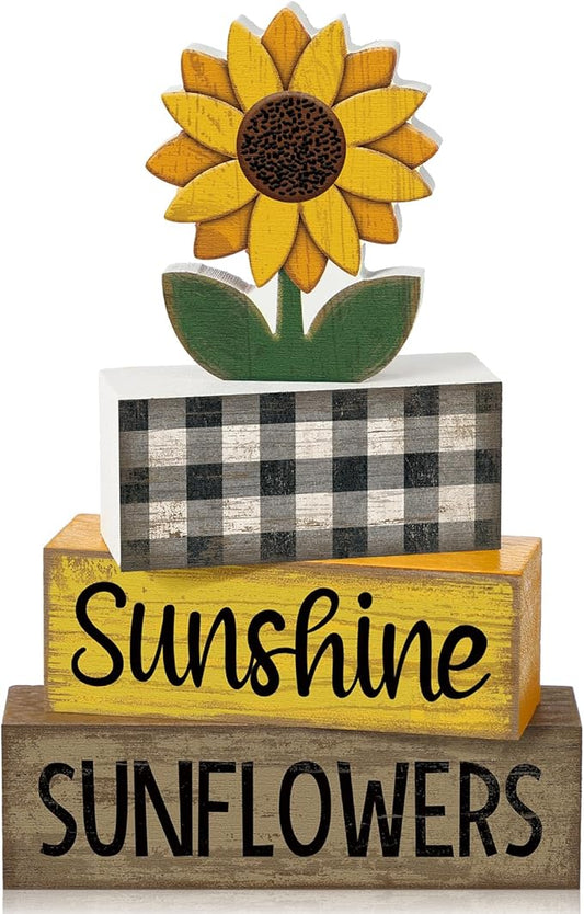 Yuntau 4 Pcs Sunflower Decorations Sunflower Wooden Sign Sunshine Table Centerpiece Summer Tiered Tray Decor Decorative Fa...