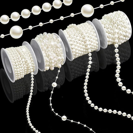 Towenm 4 Rolls 76 Feet Pearls String Garland, Faux Pearl Beads Roll Strand for Crafts, Artificial Pearls Chain Trim for We...