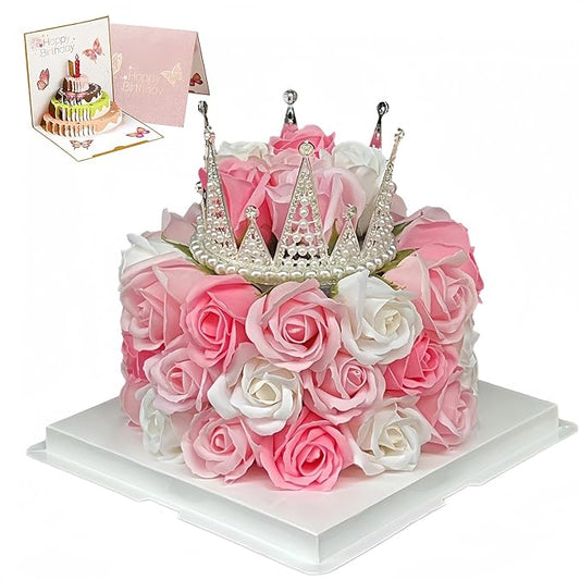 EIGHTOWN Forever Cake with Pink Preserved Flowers - Bouquet Preserved Roses for Women - Birthday Gift for Her with Crown (...
