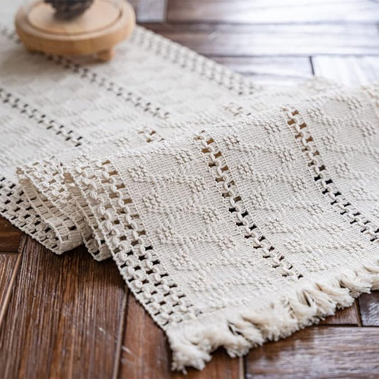 Alynsehom Macrame Table Runner Cream Beige Boho Table Runners with Tassels Hand Woven Cotton Table Runner Rustic Farmhouse...