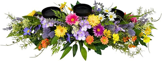 Lnymura 26 Inch Spring Summer Centerpiece with 3 Candle Holders Floral Table Centerpiece with Daisies and Wildflowers for ...