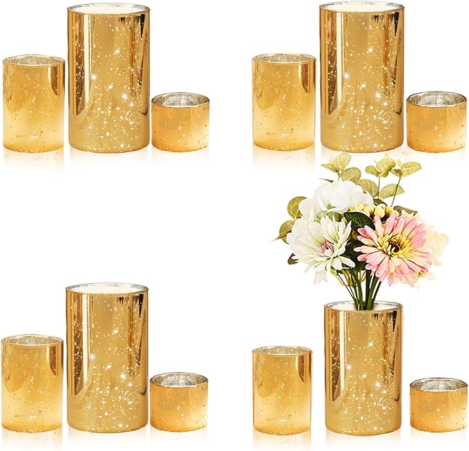 CHILL RECIPE Gold Cylinder Vases Glass Candle Holders Bulk, Mercury Hurricane Candle Holder Small Flower Vases for Centerp...