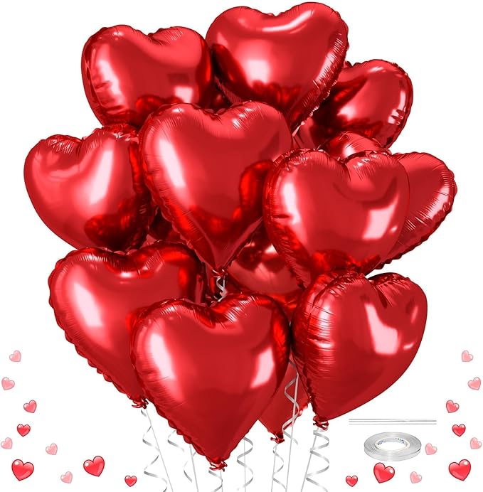 Red Heart Balloons, 12 Pcs 18 inch Heart Shaped Balloons, Large Valentines Balloon, Love Foil Balloon for Valentines Day W...