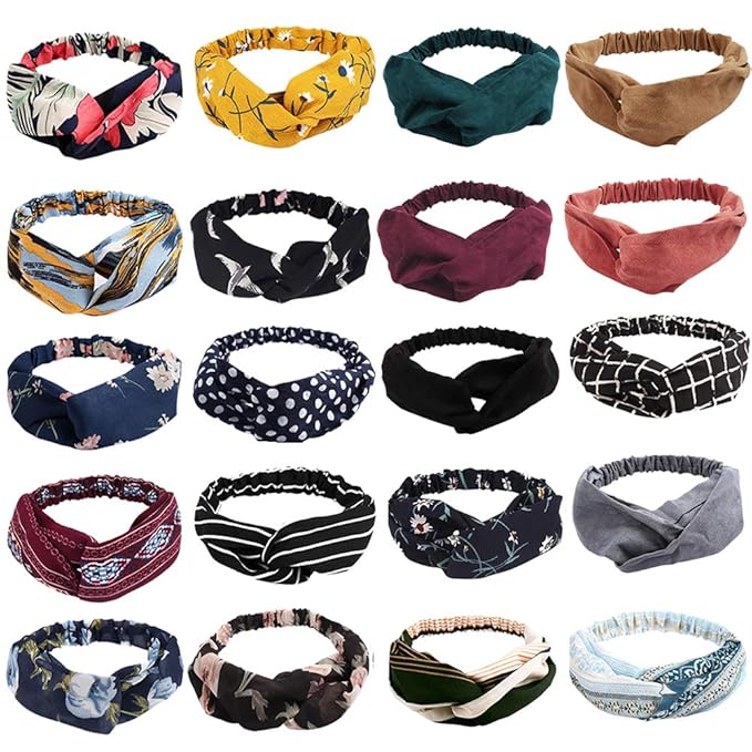 AHONEY Boho Knotted Twisted Floral Headbands - 20 Pack Elastic Headband Hair Accessories for Women