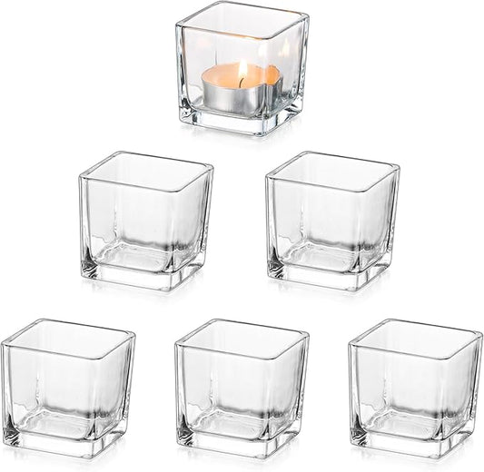 Glasseam Glass Votive Candle Holders: Set of 6 Clear Square Tealight Holder Small Tea Light Holders for Table Centerpiece ...