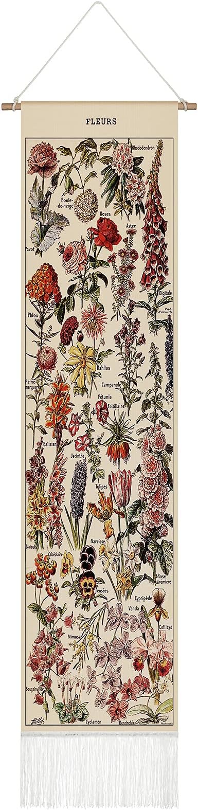 Tegeme Vintage Tapestry 52 x 13 Inch, Long Vertical Wall Hanging Reference Illustrative Botanical Tassel Tapestry for Bedr...