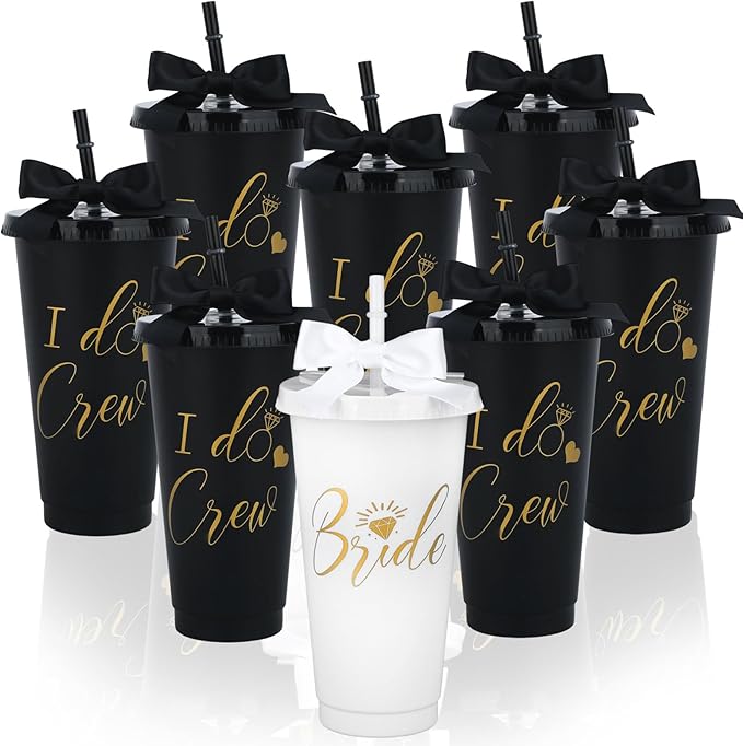 8Pcs Bridesmaid Cups with Lid Straw and Twist Bow Bachelorette Cups 24Oz Plastic Tumbler Bride Reusable Tumbler Bridesmaid...