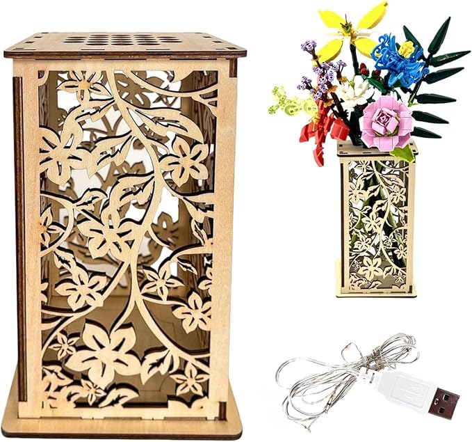 Wooden Carved Lego Flower Vase with Hollow Design -Artistic Display Stand for Lego Flowers, Perfect Vase for Lego Bouquet,...