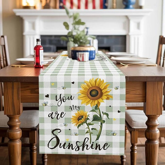 You are My Sunshine Table Runner 90 Inches Long, Vintage Yellow Sunflower Floral Bees Sage Green Plaid Table Runners Washa...