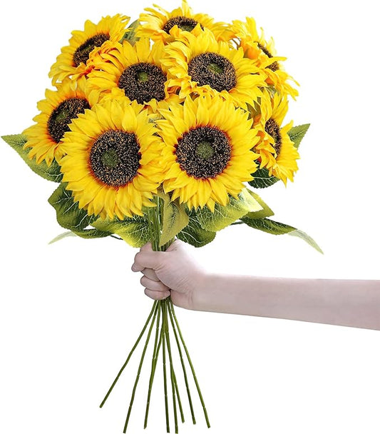 Winlyn 9-Pack Artificial Sunflower Stems, 19.7" Tall Full & Lifelike Yellow Silk Flowers with Long Stems for Vase Bouquet ...
