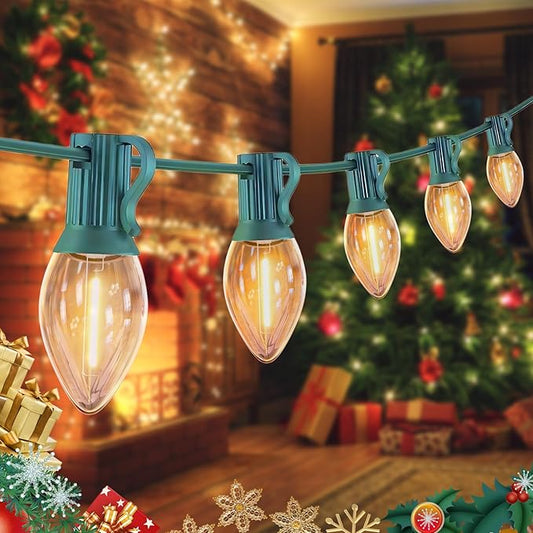 CHYSUPER C7 Christmas Lights Outdoor 10ft - Warm White & Clear LED String Lights with 10 Vintage Bulbs, Waterproof Green W...